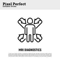Scanning of human body, MRI scan thin line icon. Medical equipment for oncology detection. Pixel perfect, editable stroke. Vector illustration.