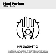 Human in MRI scanner thin line icon. Medical equipment for oncology detection. Pixel perfect, editable stroke. Vector illustration.