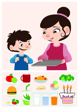 Joyful boy looks at his mom who smiles and holds a food tray in her hands, food set, vector illustration