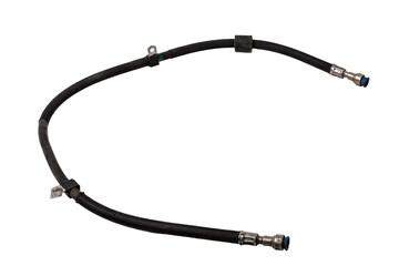 A plastic pipe is part of the vehicle’s fuel system, which supplies gasoline under pressure to the engine on white isolated background. Spare parts for sale in auto service.