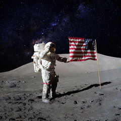 Astronaut holding an American flag on moon surface with the stars and outer space on the...