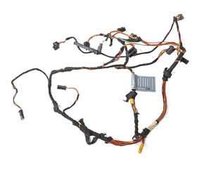 A cable of matted wires of different colors with connectors in the electrical wiring of the car. Internet line in the work of the provider.