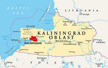 Kaliningrad Oblast, political map. Kaliningrad Region, federal subject and semi-enclave of Russia, located on the coast of the Baltic Sea, with administrative centre Kaliningrad. Illustration. Vector. - obrazy, fototapety, plakaty