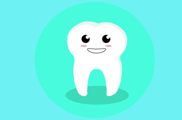 One cute tooth with a smile and eyes, cartoon character on a blue background with a shadow. Oral hygiene concept, dental treatment. vector and logo for design. mockup