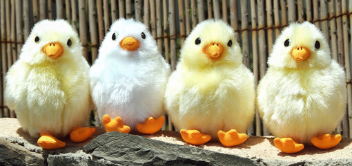 Four chicks, stuffed animals, on the wall
