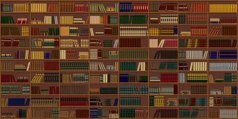 Vector background from books. Large bookcase with bookshelves, in the library, shop with many different books. © Dinara