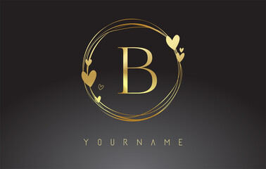 Letter B Logo with golden circle frames and golden hearts.