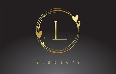 Letter L Logo with golden circle frames and golden hearts.