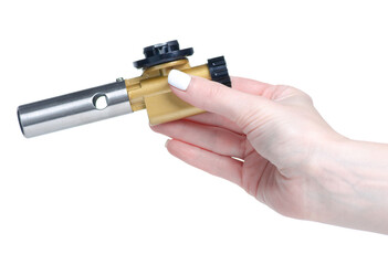 Manual gas-burner in hand on white background isolation