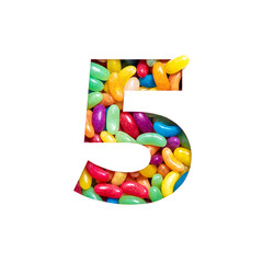 Number five of colourful candies jelly beans and paper cut in shape of fifth digit isolated on white. Rainbow typeface