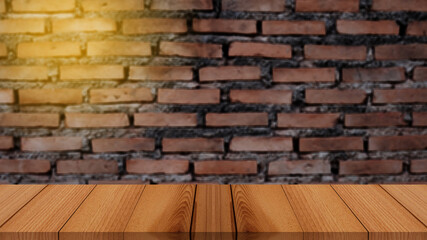 Old wood table with abstract blurred brick wall background for product display