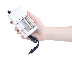 Battery charger energy in hand on white background isolation