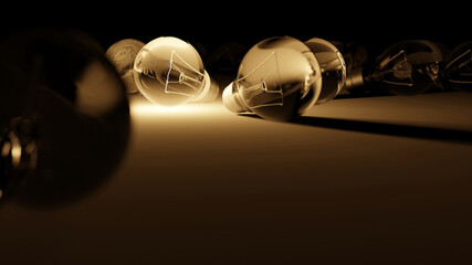 Gold glow light from a retro incandescent light bulb (3D Rendering)