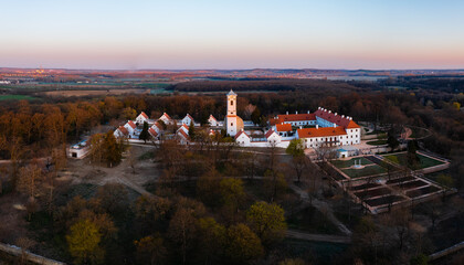 Majk, Hungary - The famous baroque Camaldolese monastery on a spring morning from drone point of...