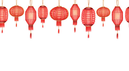 Hand drawn seamless pattern. Watercolor endless chinese texture. Many laterns on white background. Traditional chinese ornament for your design.