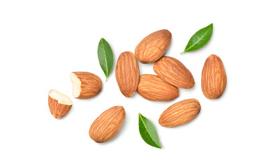 Flat lay (top view) of Almond nuts with leaves on white background.