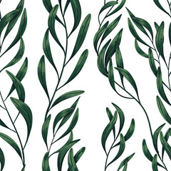 Green tropical tree branches seamless pattern. Hand drawn vector illustration. Colored ornament with exotic plant leaf. Botanical design for fabric, textile, wallpaper, background, print, decor, wrap.