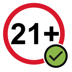 21+ do´s restriction flat sign isolated on white background. Age limit symbol. No under twenty one years warning illustration