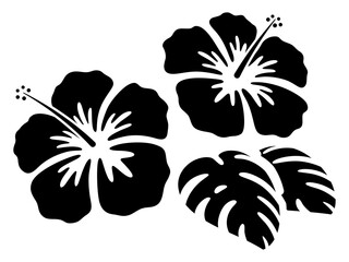 ハイビスカスの花とモンステラのシルエット_イラスト素材 © ふわぷか