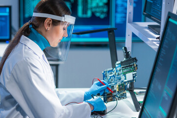 Female microelectronics engineer works in a scientific laboratory on computing systems and microprocessors. Professional electronic factory worker is testing the motherboard and coding the firmware.