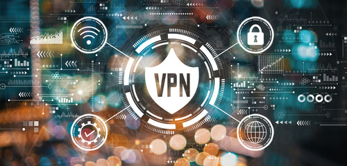 VPN concept with blurred city lights