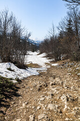 Vue embrumée sur la montagne de la Grande Moucherolle dans le massif du Vercors (Isère, France)