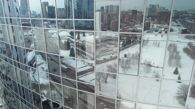 Many windows reflect the winter city. The capital of Siberia is Novosibirsk. Aerial photography