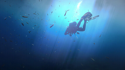 Scuba diver swimming into the deep blue sea