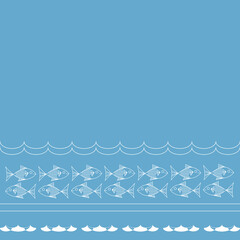 White line pattern on blue background. Fish, wave, line. Copy space. 