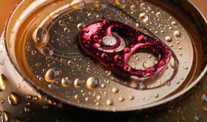 Drops of water on a metal can lid, close up