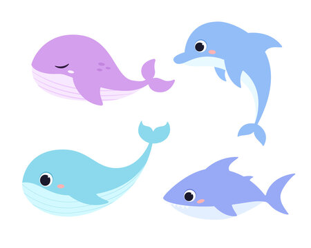 Vector set of simple ocean animals. Cute whale, shark, dolphin in a flat style. Isolated on a white background.
