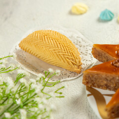 Shekerbura, Azerbaijani national food with baklava close up