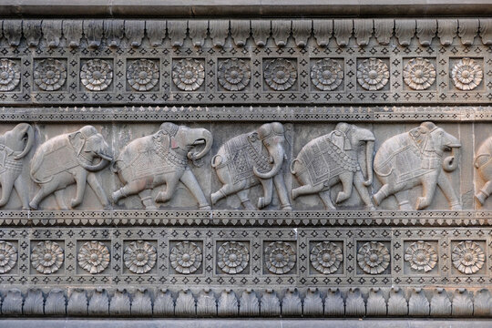 Maheshwar, India - March 2021: Detail of the cenotaph of Fort Ahilya in Maheshwar on March 16, 2021 in Madhya Pradesh, India.