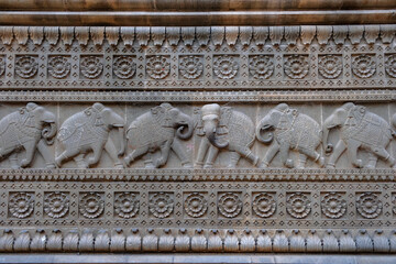 Maheshwar, India - March 2021: Detail of the cenotaph of Fort Ahilya in Maheshwar on March 16, 2021 in Madhya Pradesh, India.