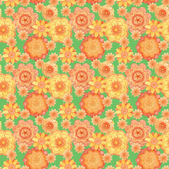 Hand-drawn bright seamless watercolor pattern. Sunny and joyful background with abstract floral ornament. Hippie daisy print for fabrics, textiles, wallpaper, decor, wrapping paper and design.