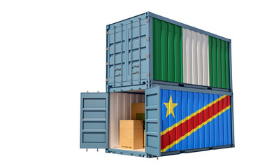 Fototapeta premium Freight containers with Democratic Republic of the Kongo and Nigeria national flags. 3D Rendering 