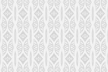 Geometric volumetric convex white background.Ethnic African, Mexican, Indian motives.Doodling style. 3D embossed pattern.