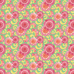 Green background with abstract ornaments, flowers and leaves in the style of the 70s. Hand-drawn bright seamless watercolor pattern. Print for fabrics, textiles, wallpaper, decor, wrapping paper