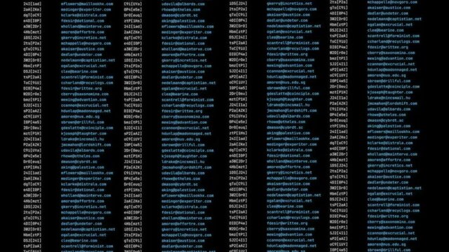 Email and passwords scroll when hacker text appears with a warning with glitches