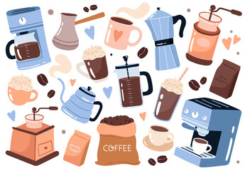 Coffee elements collection. Hand drawn cartoon style vector illustration. Coffee brewing equipment: Coffee machine, french press, grinder, moka. Cups and mugs. Collection for menu, cafe, coffee shop.
