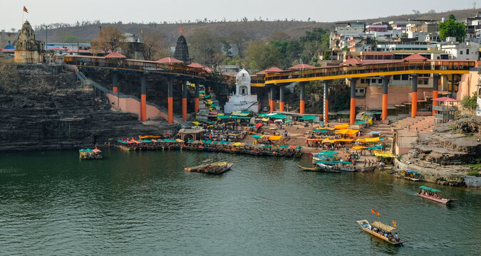 Omkareshwar, India - March 2021: Views of Omkareshwar from Mandhata Island located on the Narmada River on March 20, 2021 in Madhya Pradesh, India.