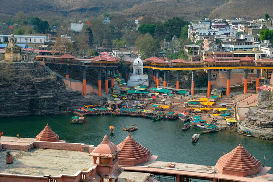 Omkareshwar, India - March 2021: Views of Omkareshwar from Mandhata Island located on the Narmada River on March 20, 2021 in Madhya Pradesh, India.