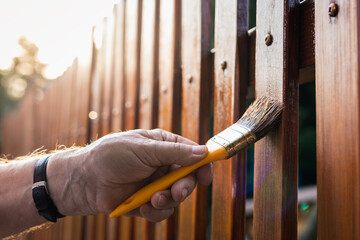 Paint wood stain. Painting protective varnish on wooden picket fence at backyard