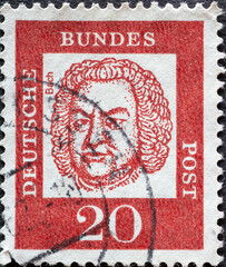 GERMANY - CIRCA 1961: a postage stamp from Germany, showing a portrait of the important German composer, cantor, court concert master, violinist Johann Sebastian Bach