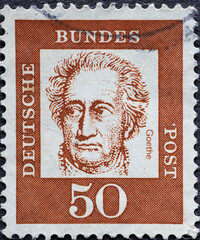 GERMANY - CIRCA 1961: a postage stamp from Germany, showing a portrait of the important German poet and naturalist Johann Wolfgang von Goethe.