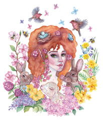 Hand-drawn watercolor illustration on the theme of spring and Easter. Image with a red-haired girl, bunnies, birds and spring flowers for postcards, design, posters, typography and other uses.