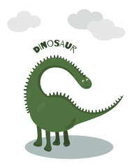 Postcard with cute green dinosaur - brontosaurus. 