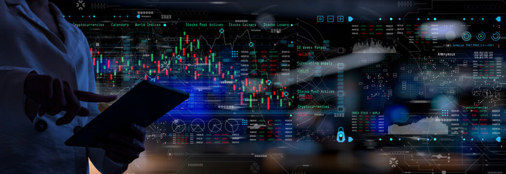 Business woman working with digital tablet computer touch screen with Finance Content marketing  concept on dark background.