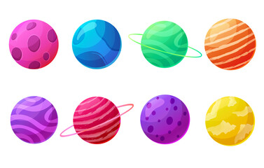 Set of beautiful colorful planets in cartoon style with gradient. Isolated over white background. Space, universe vector illustration
