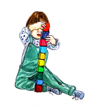 Bambino seduto che gioca con cubi colorati,  acquerello isolato su sfondo bianco